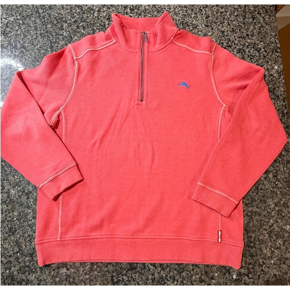 Tommy Bahama Relax M Large Coral Pink 100% Cotton Quarter‎ Zip Pullover Sweater